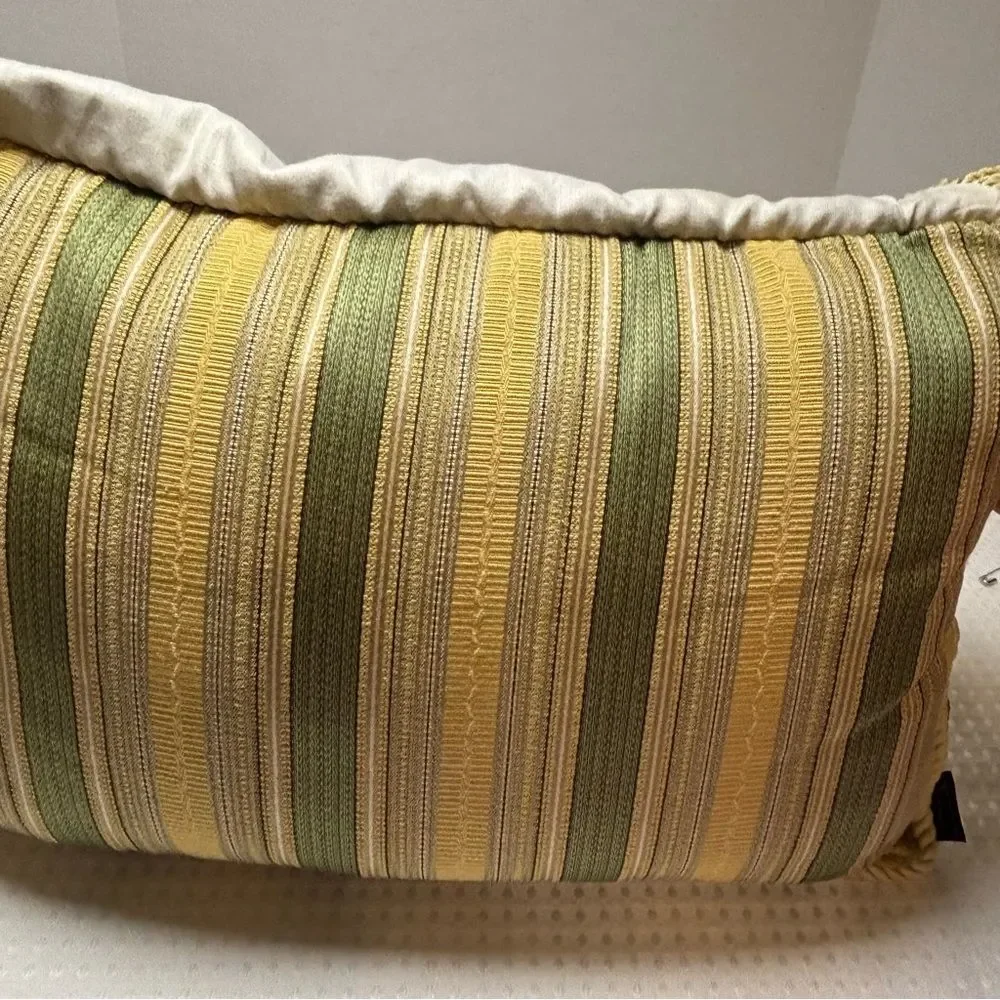 Platinum Couture Green and Gold Stripe Brocade Decorative Pillow with Fringe